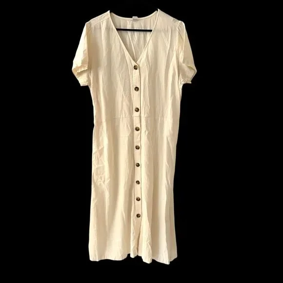Old Navy | Dresses | Old Navy Cream Full Button Short Sleeve Linen Nylon  Blend Maxi Dress Size Xl | Poshmark